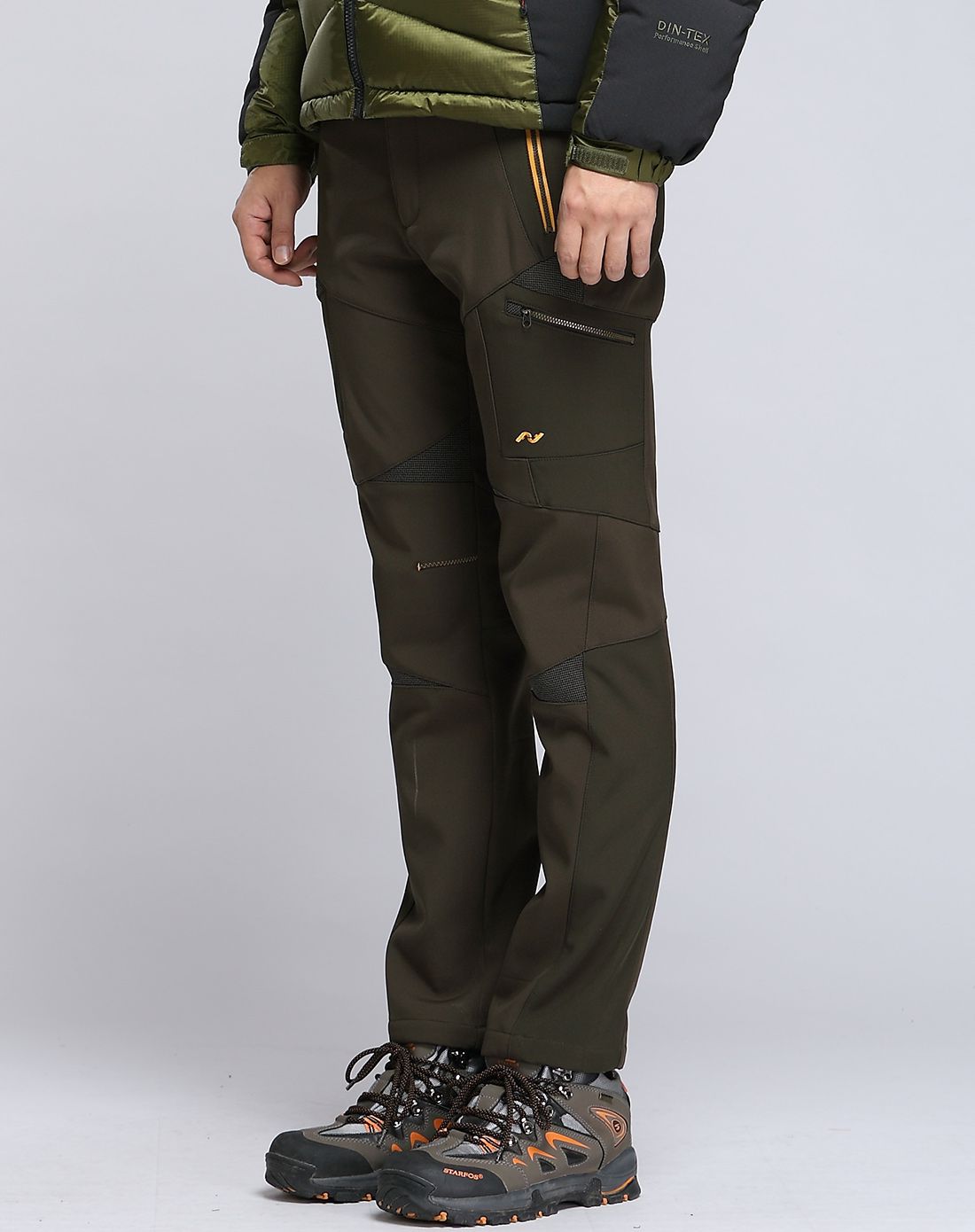 四面弹力 男款橄榄黄色加绒冲锋裤 防雨