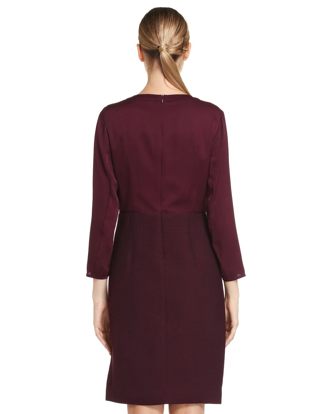 暗酒红色亮丽斯文长袖连衣裙