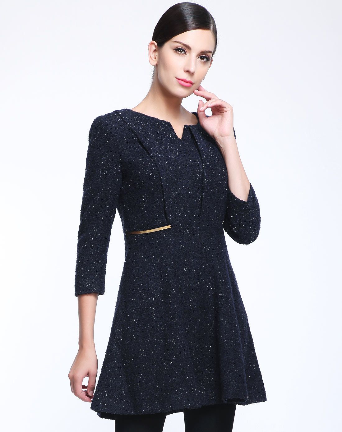 女兰色圆领v口银充亮片连衣裙