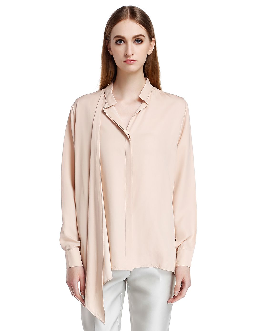 crepe de chine系列 女款粉橙色真丝拼接企领长袖衬衫