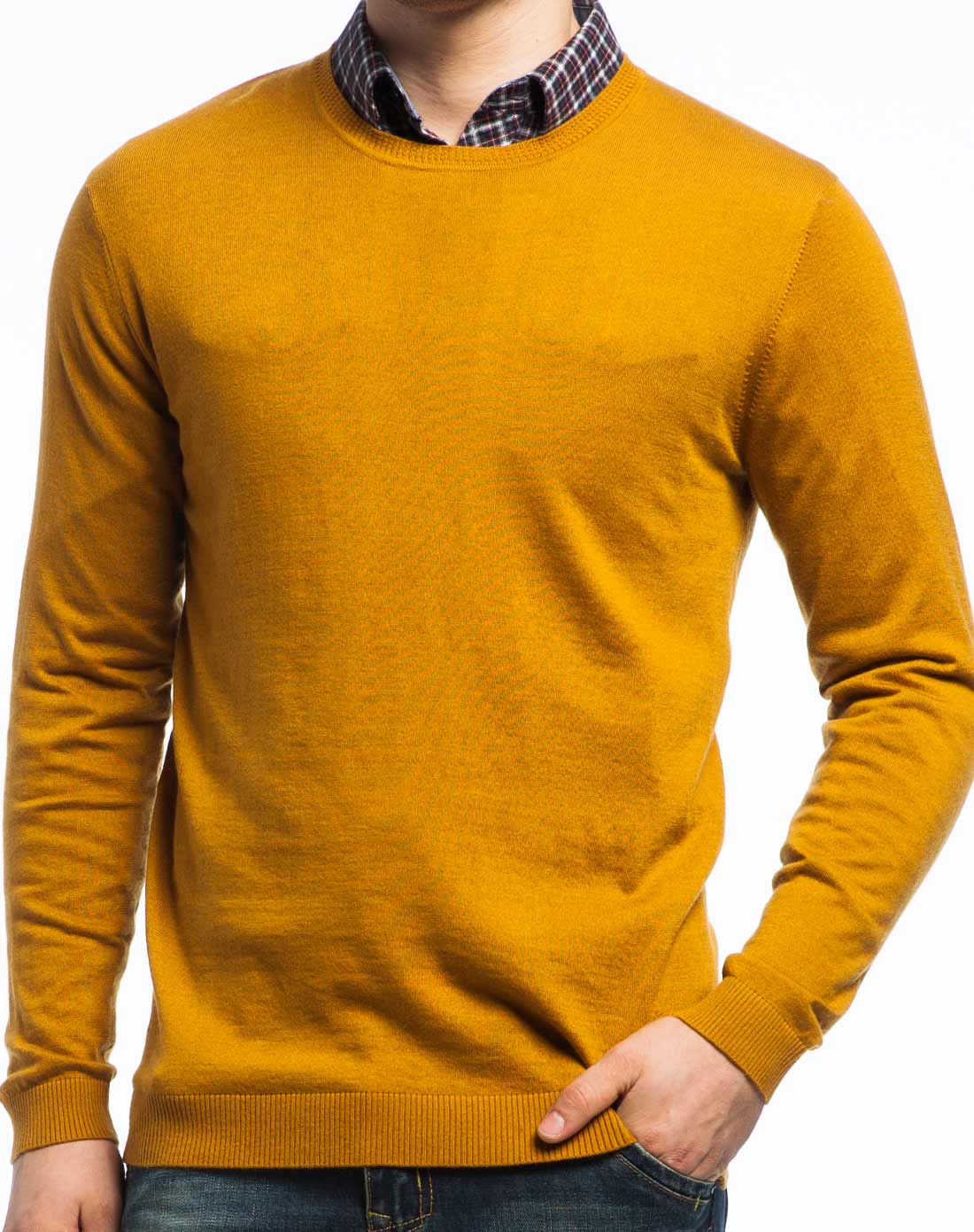 杰米克jenmick男装移动端专场男款棕黄纯色圆领针织衫