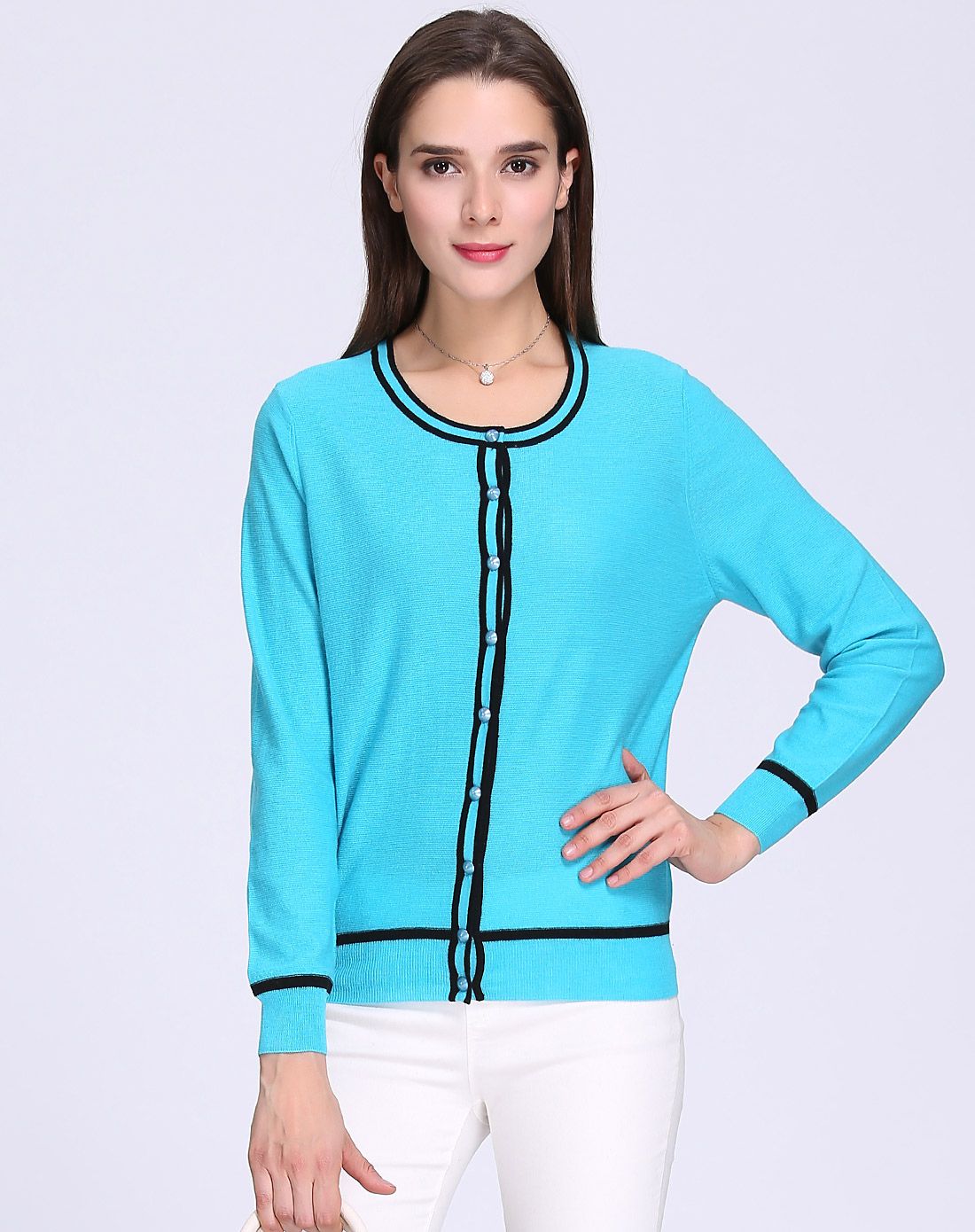 超细美丽诺羊毛翠兰圆领钉扣开衫