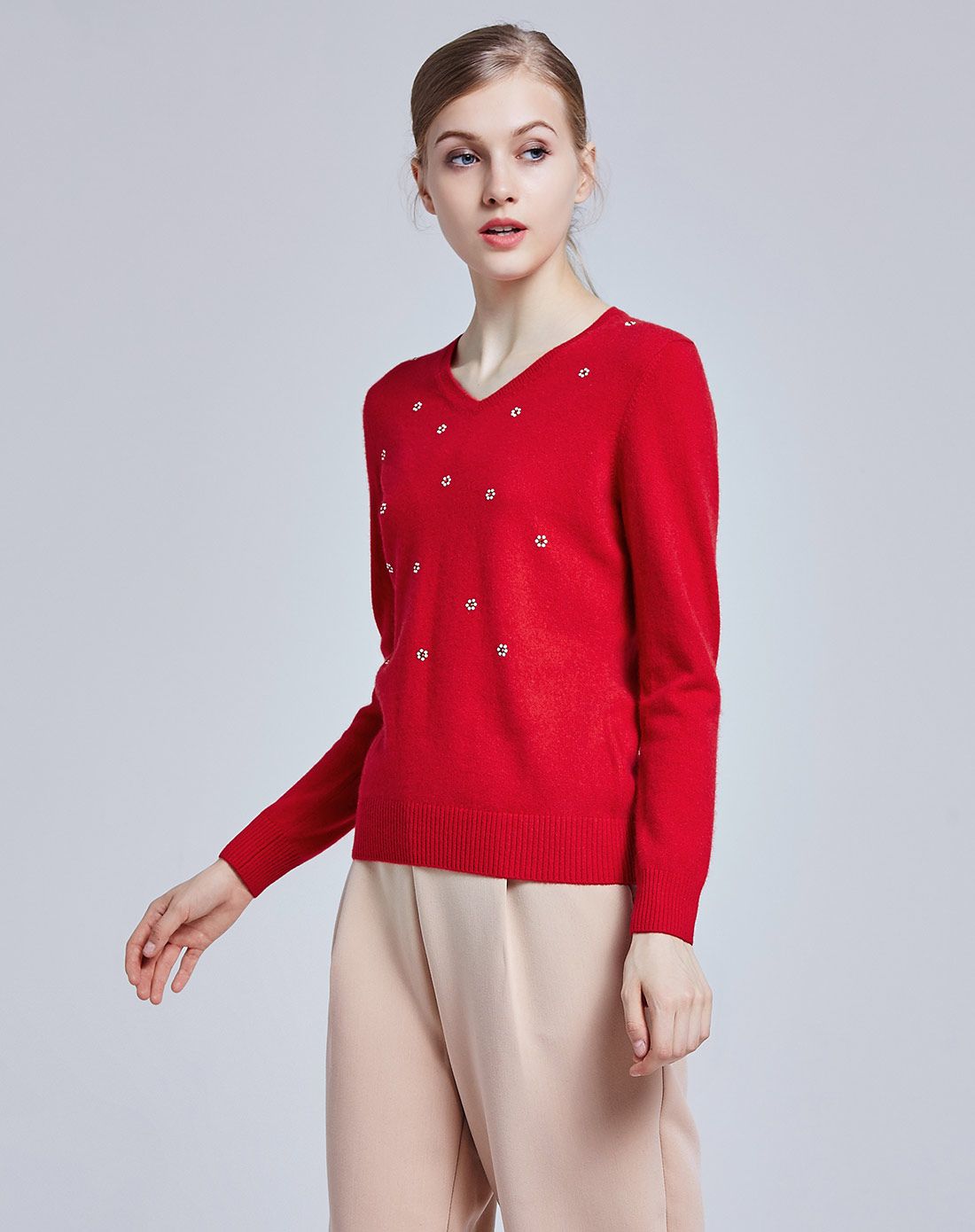 女士v领大红色长袖羊绒衫