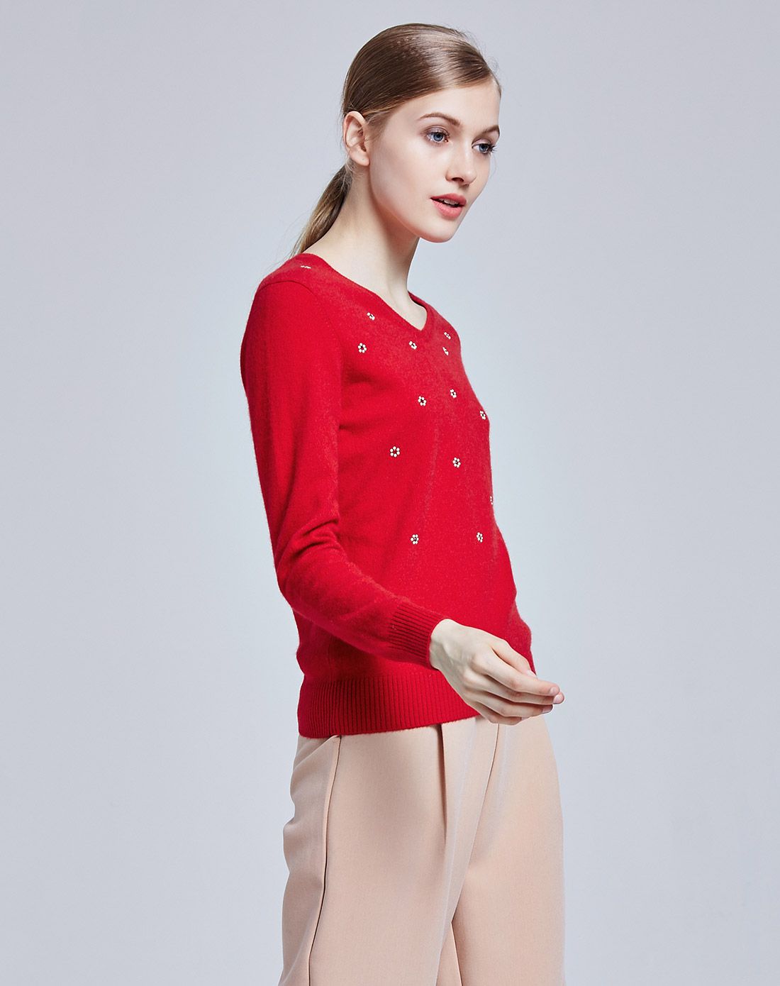 女士v领大红色长袖羊绒衫