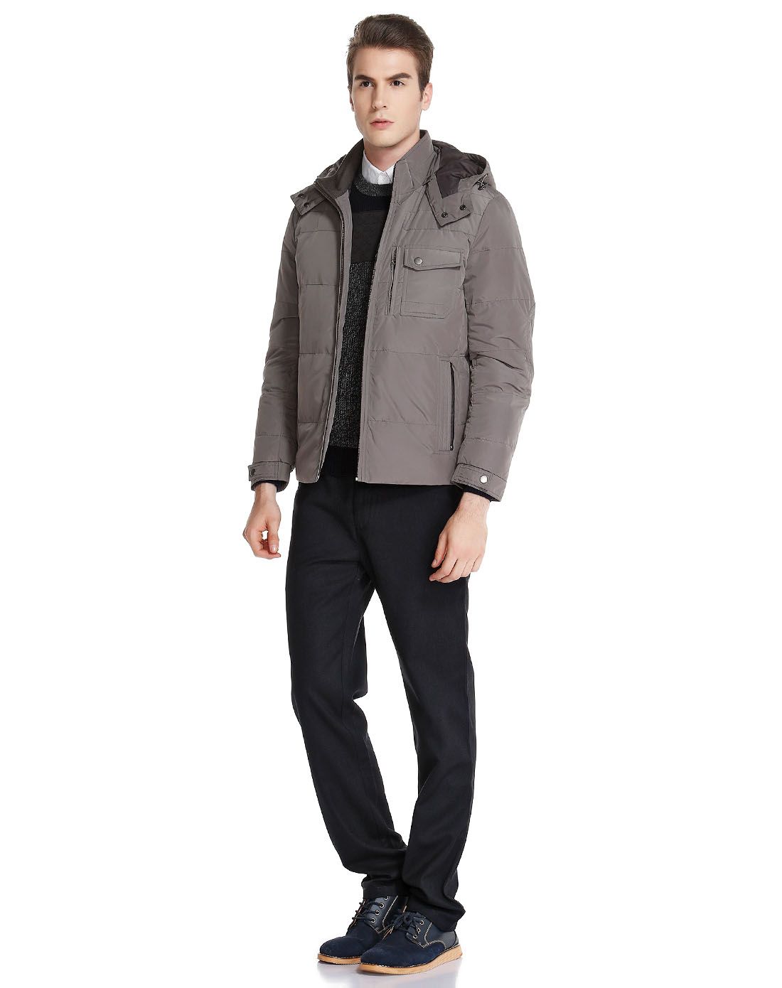 咖灰色大方休闲长袖羽绒服