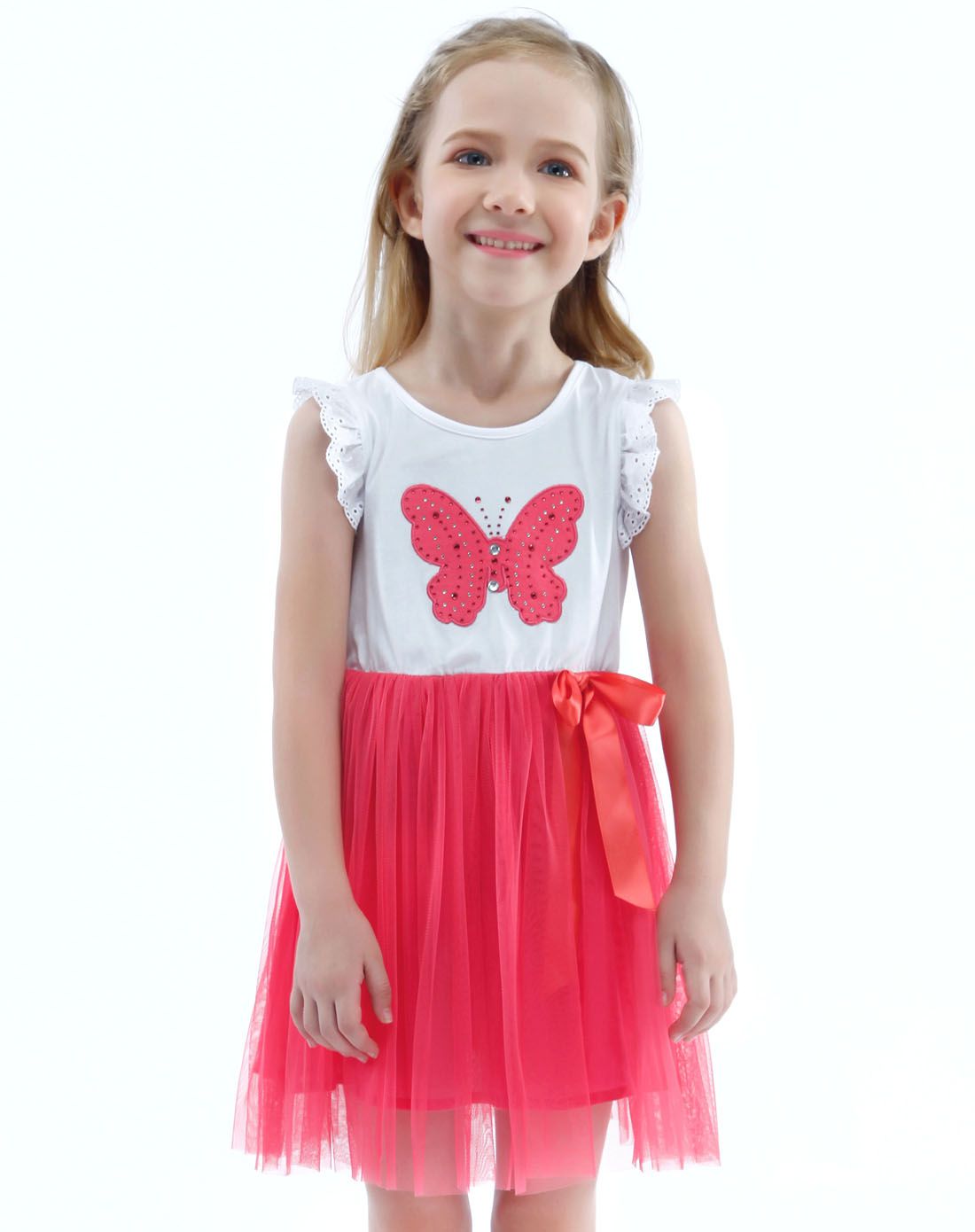 女童拼接网纱公主连衣裙西瓜粉