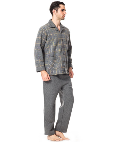 男深麻灰暖棉翻领开襟长袖长裤家居套