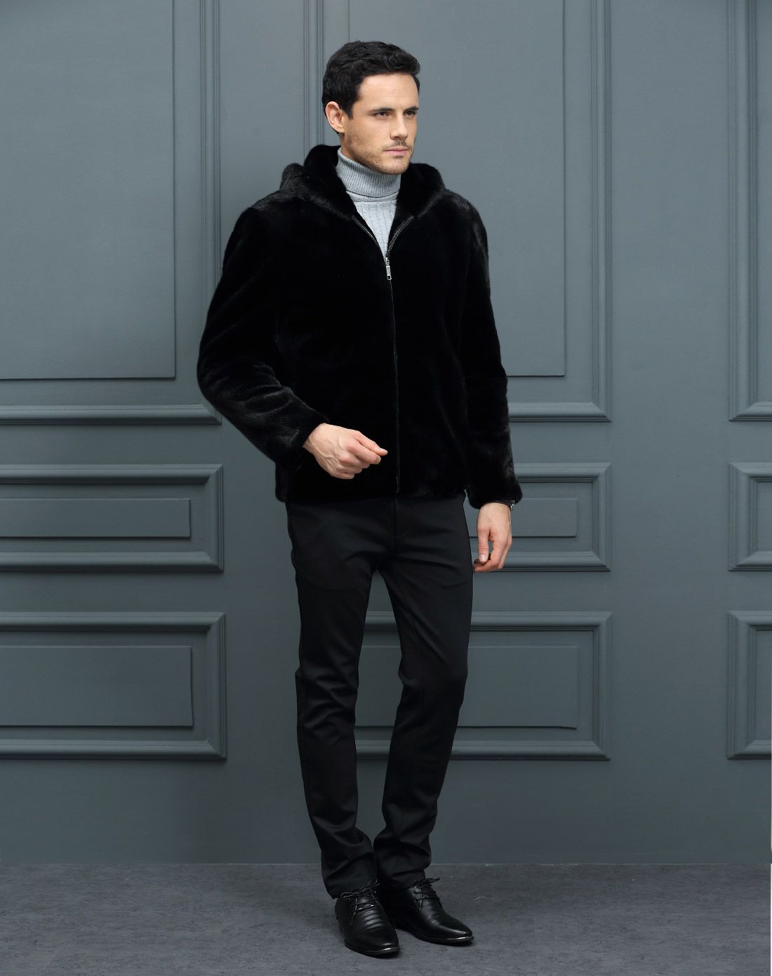 男士黑色连帽奢华水貂男装