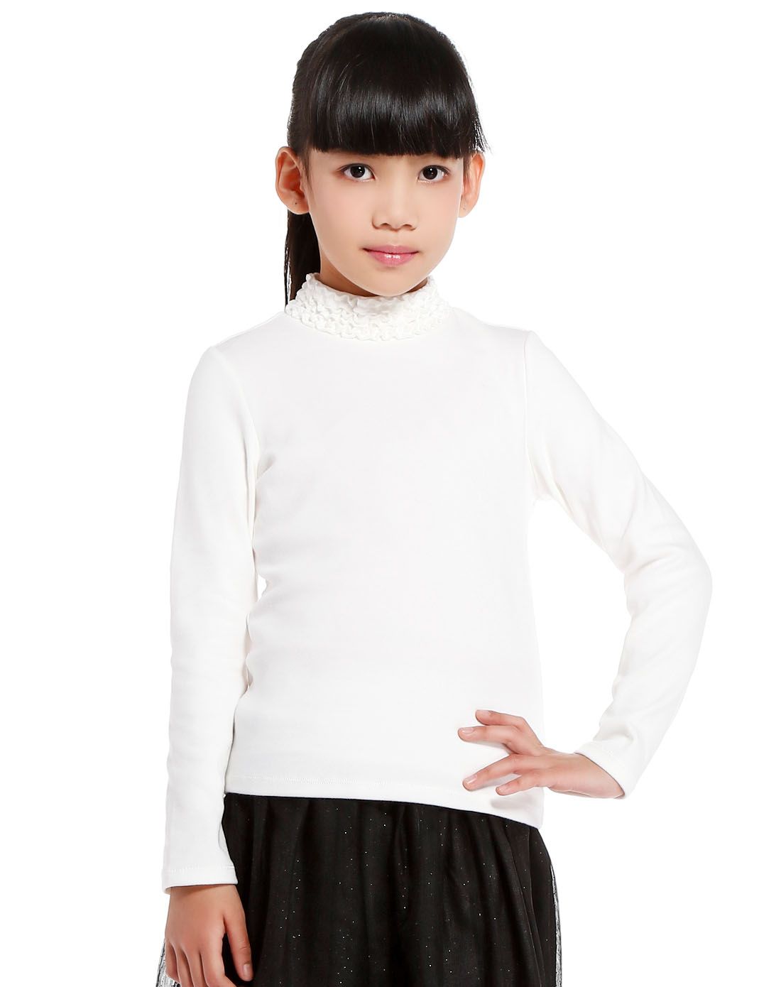 女童本白色中高领长袖t恤