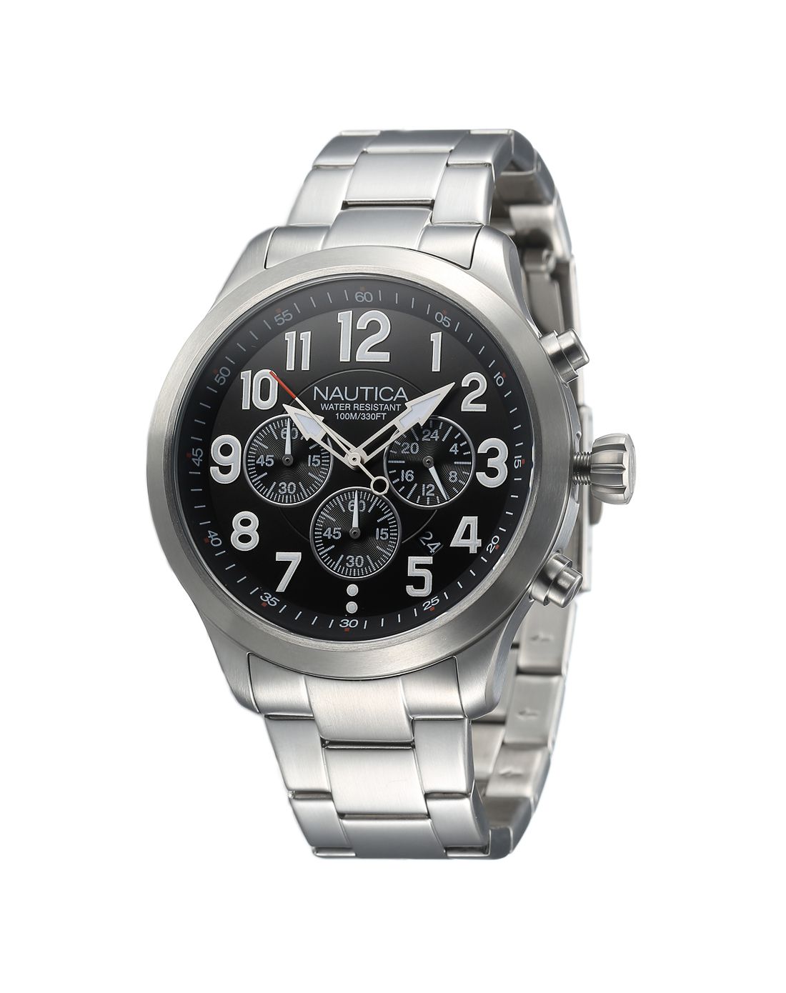 诺帝卡nautica男款银色钢带黑盘三眼计时手表nai16515g