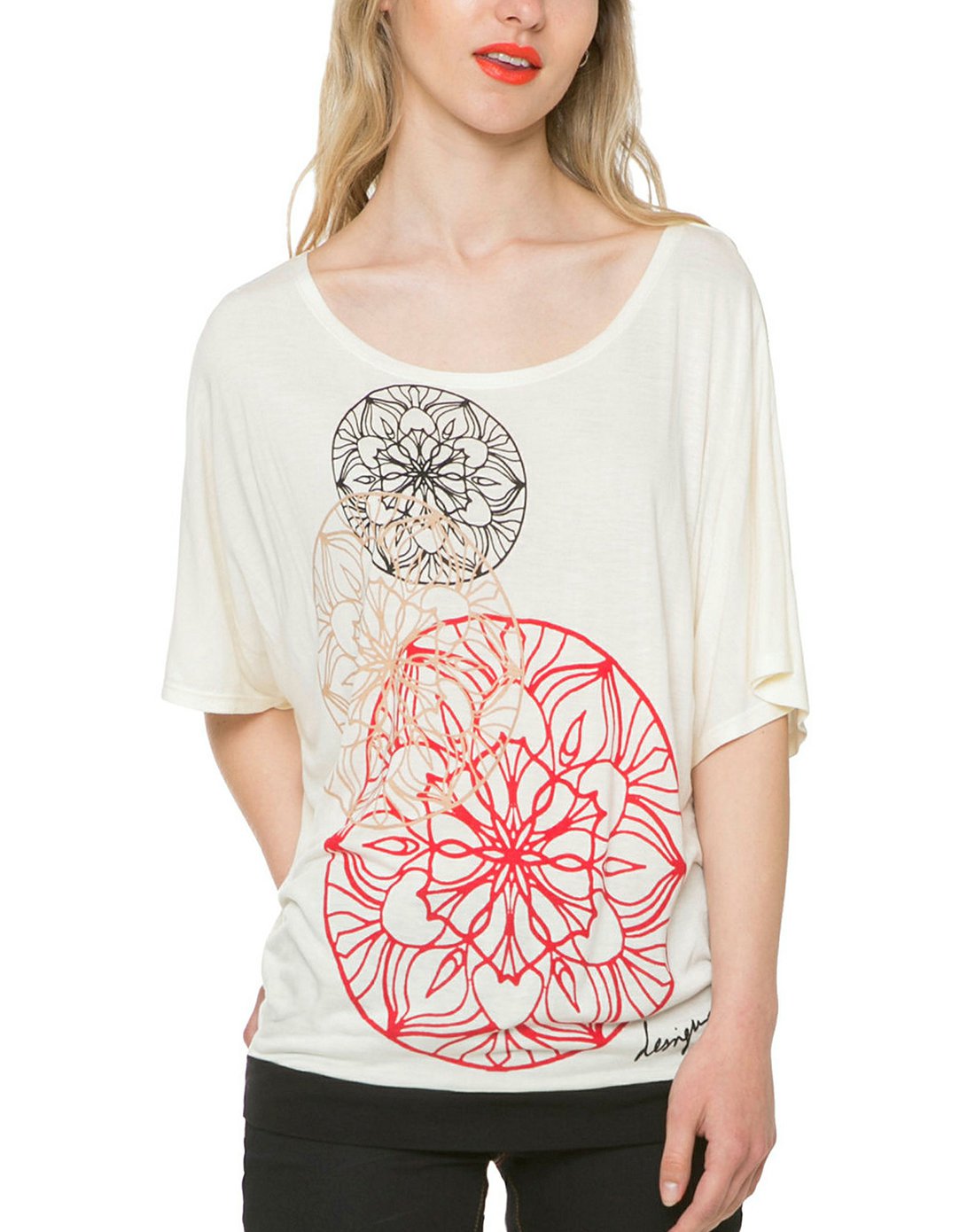 desigual女款米白色曼陀罗印花圆领上衣