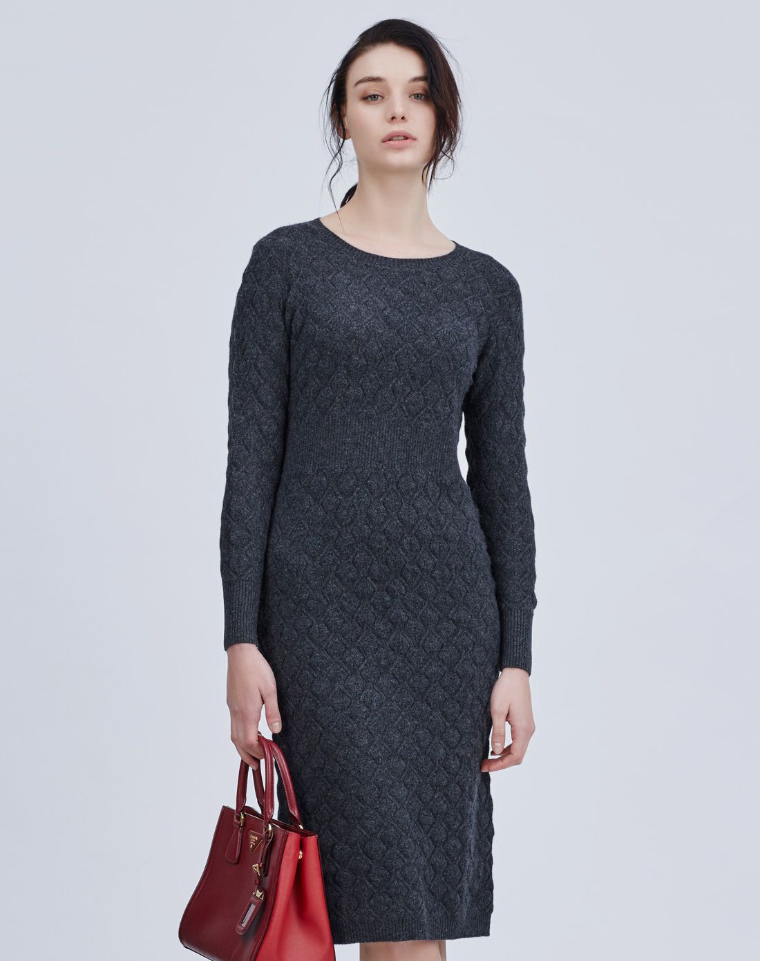 女士黑灰色圆领长款纯羊绒连衣裙