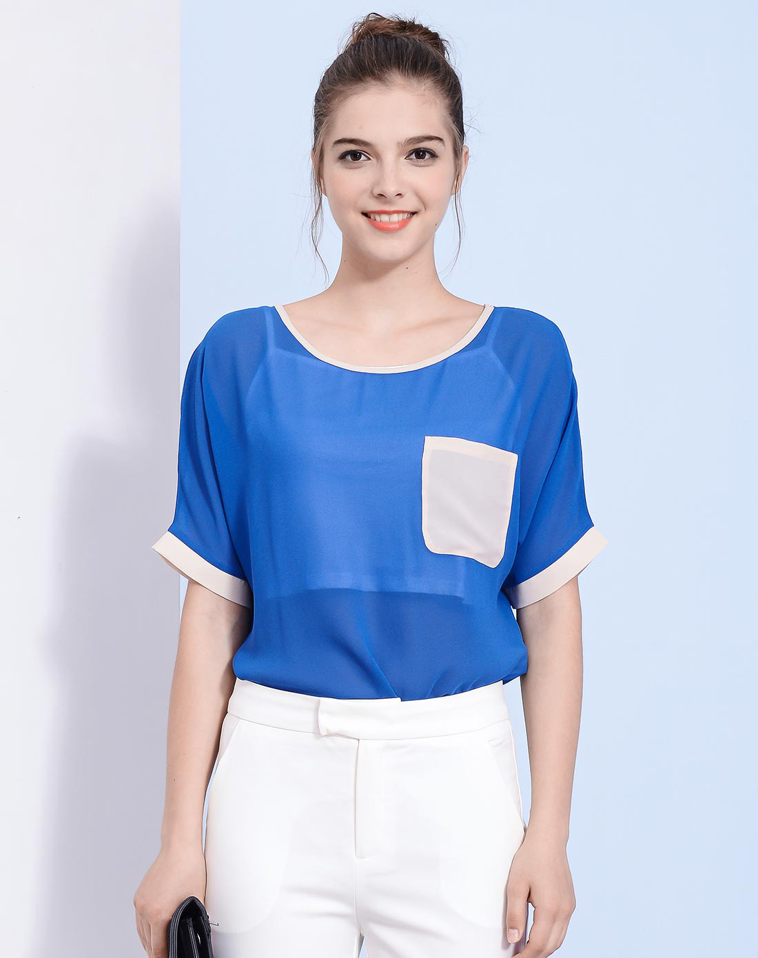 宝石蓝雪纺短袖上衣