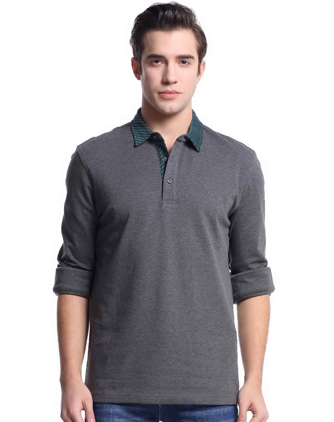 男款中灰翻领商务休闲长袖t恤