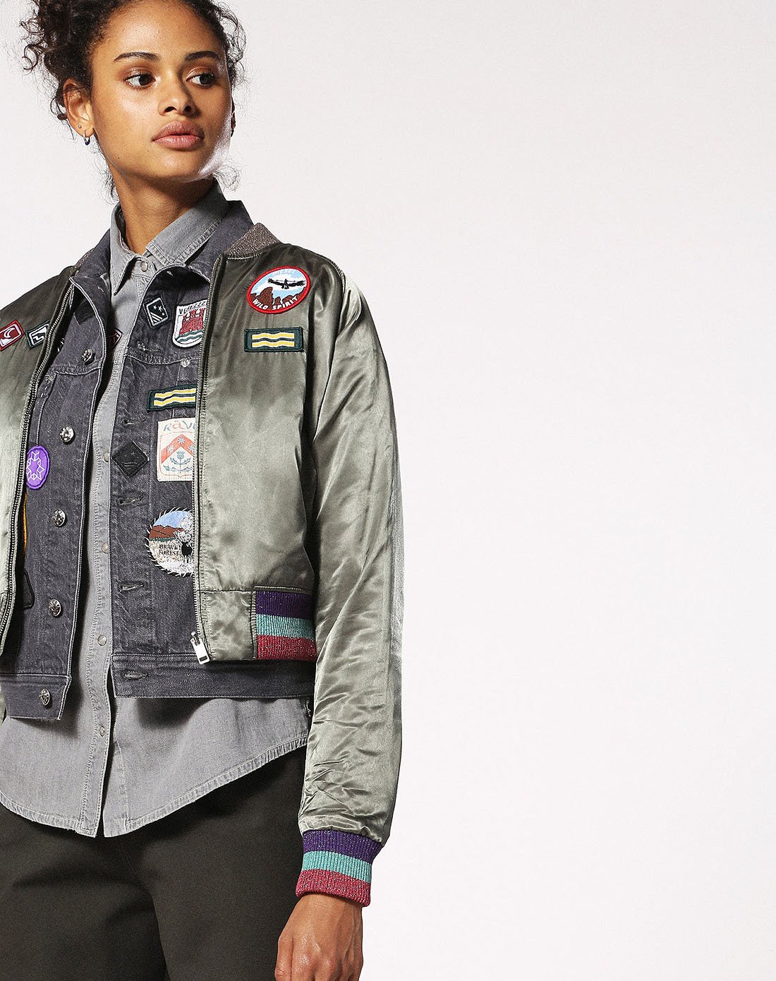 diesel女款徽章缎面飞行员夹克