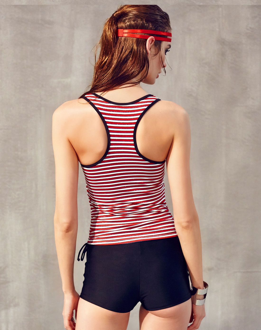 日韩风 女士红白条纹运动分体泳衣 聚拢显瘦