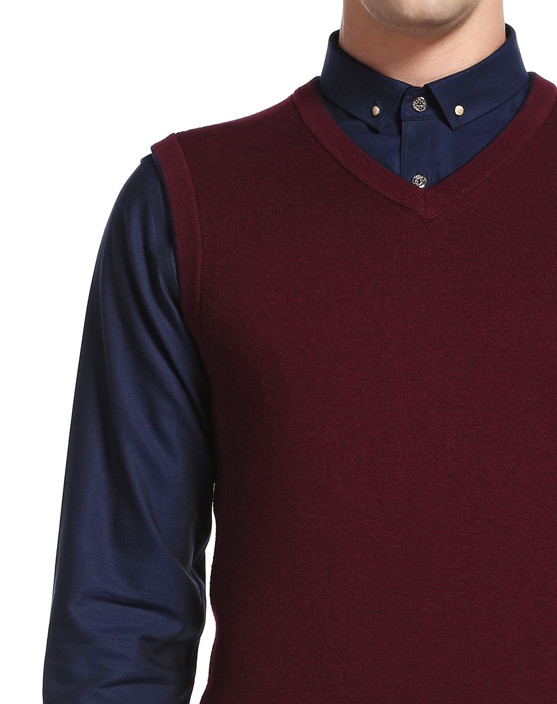 枣红色纯羊毛经典v领羊毛背心