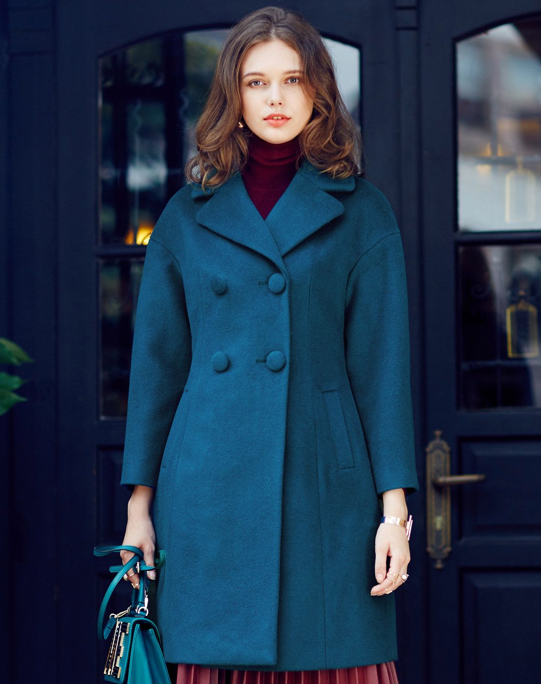 蓝绿收腰长款大衣