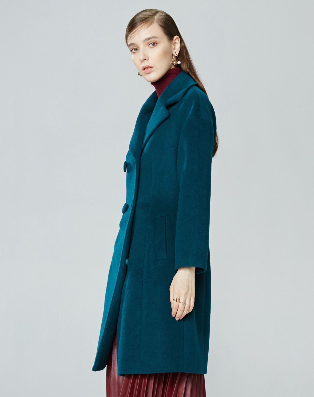 蓝绿收腰长款大衣