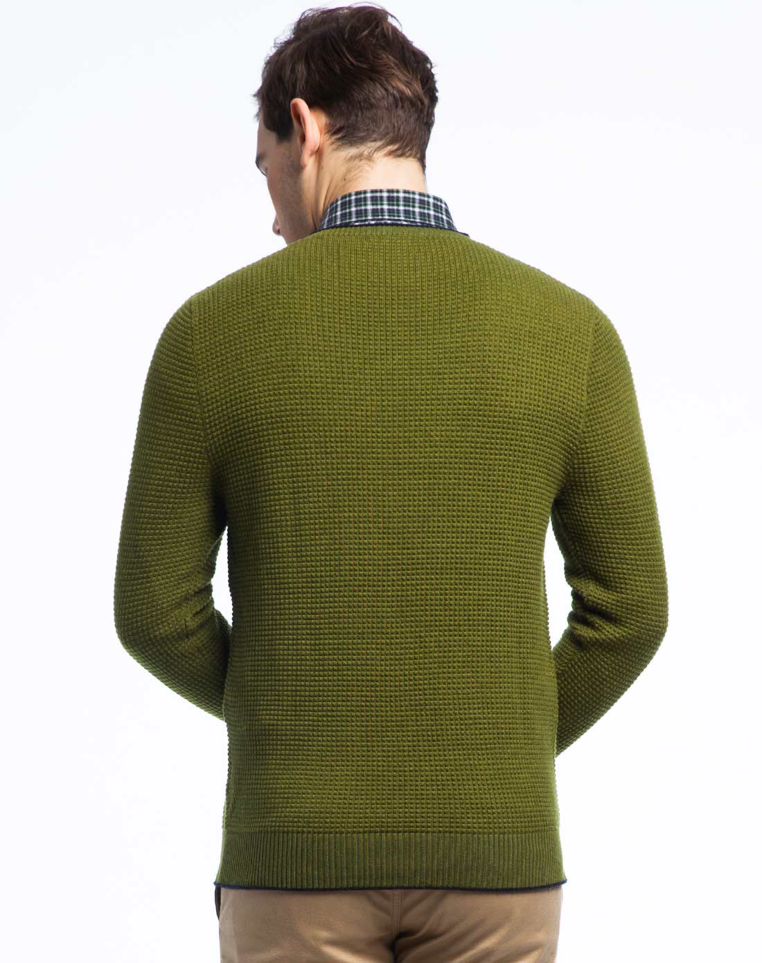 男款橄榄绿纯色v领羊毛衫