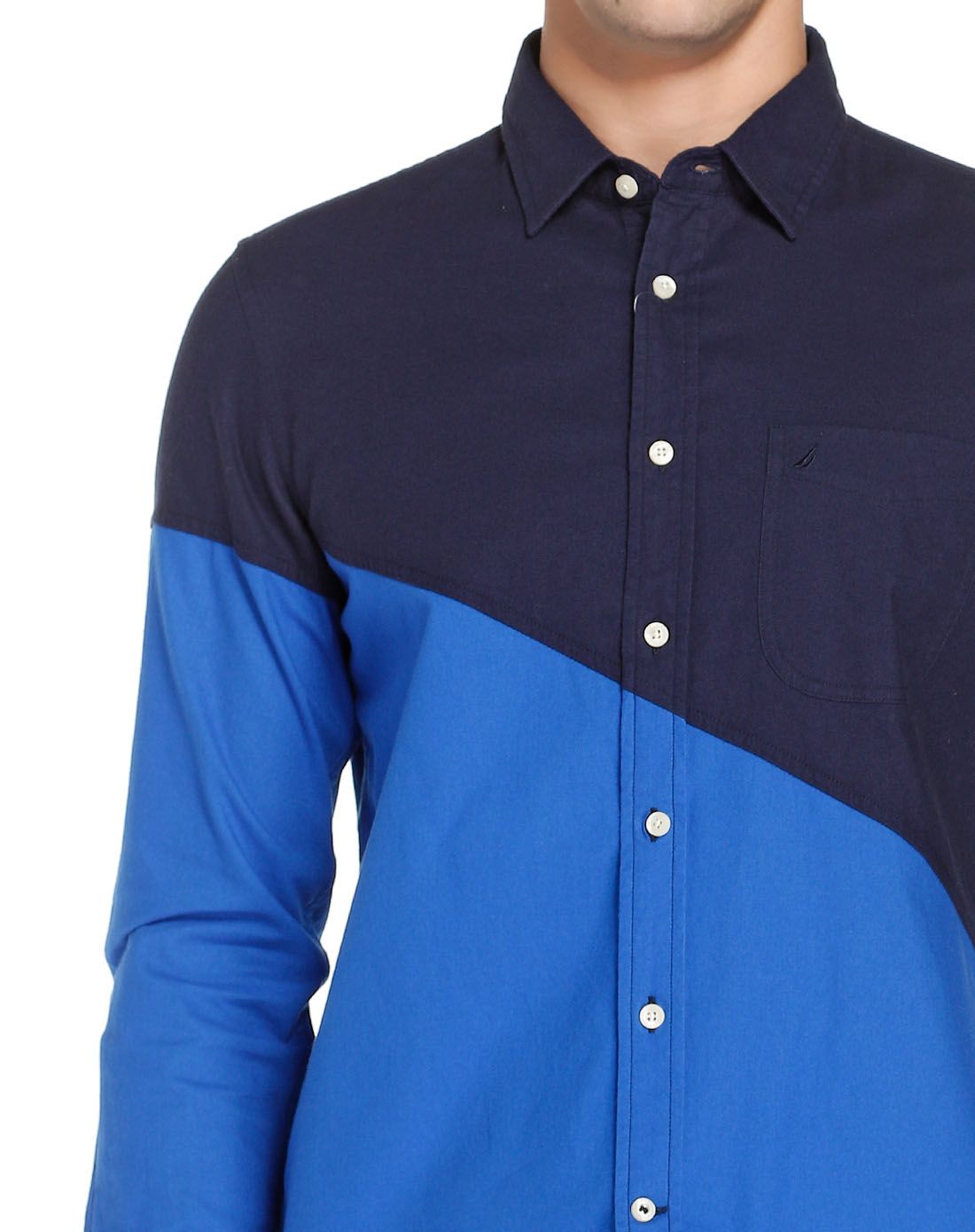 男款藏蓝/宝蓝色休闲拼接长袖衬衫