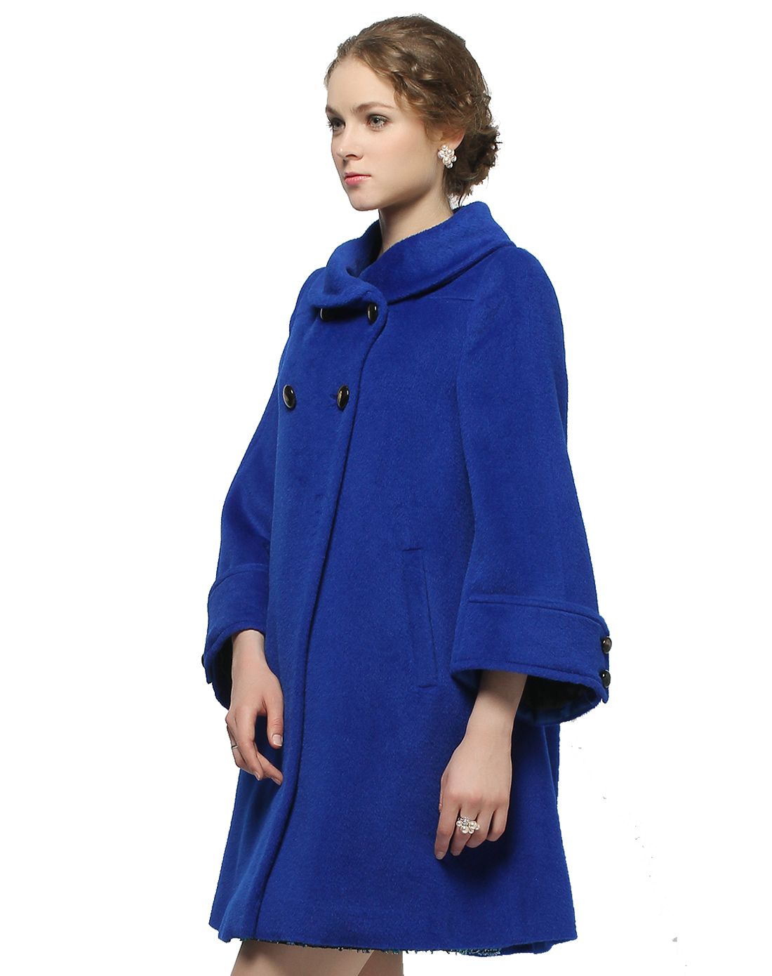 天蓝色羊毛羊驼毛九分袖经典宽松大衣