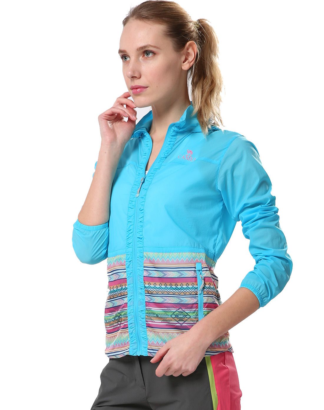 民族印花图案快干连帽 女款青色皮肤衣(含皮肤袋)