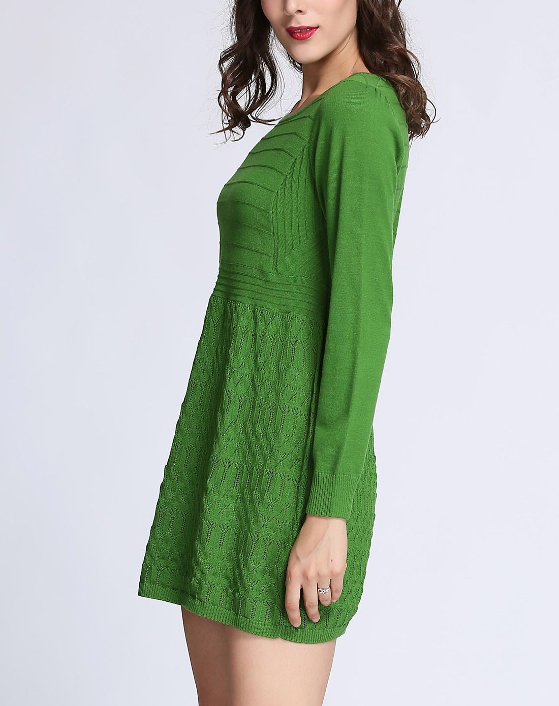 超细美丽诺羊毛翠绿色针织连衣裙