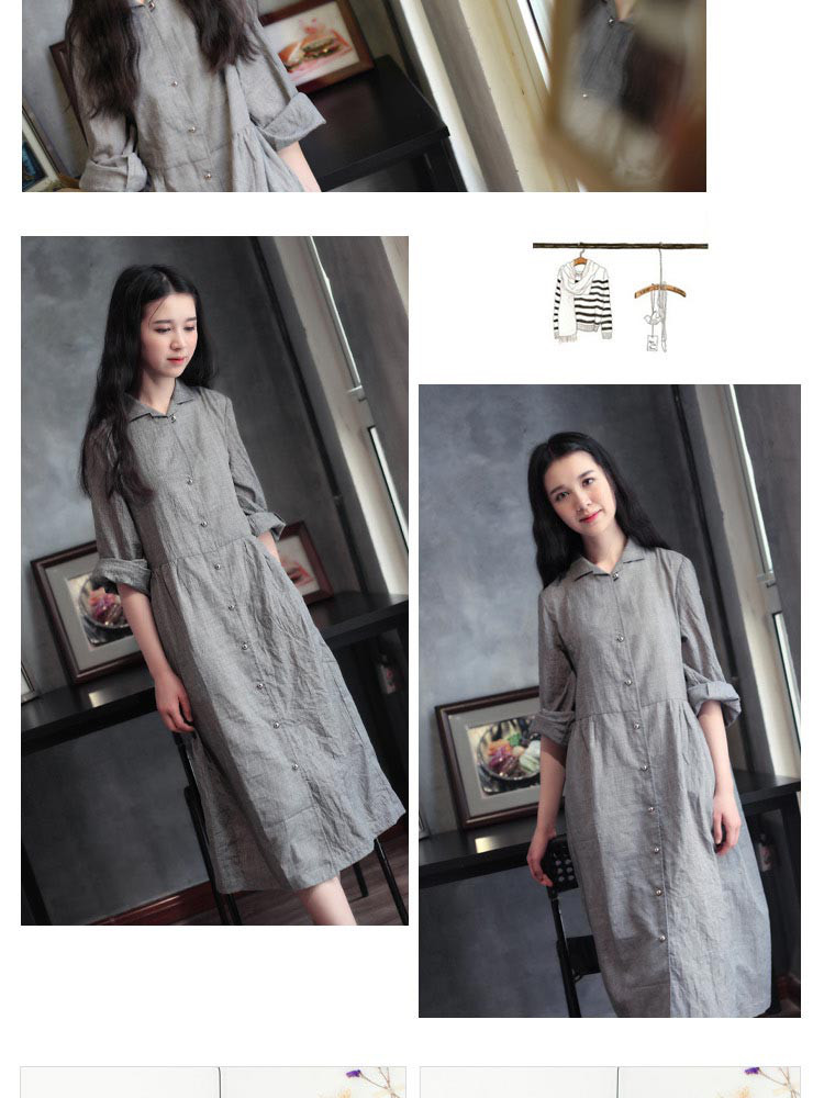 灰色前开扣长袖宽松舒适连衣裙