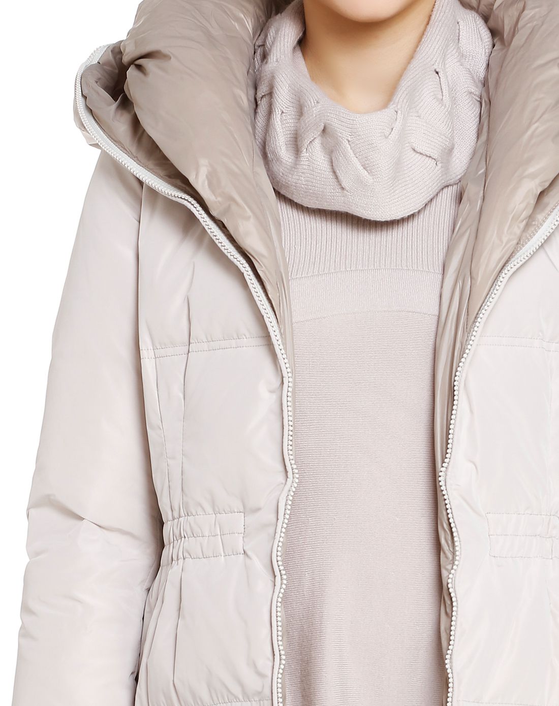 灰白色休闲连帽中长款长袖羽绒服