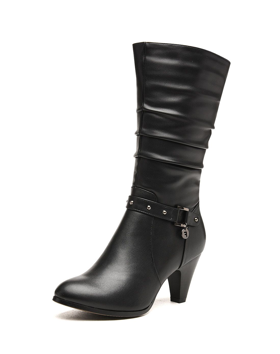 黑色头层牛皮时尚铆钉百搭长靴