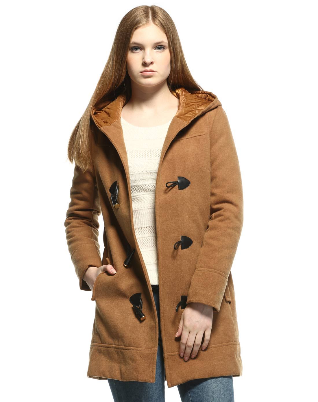 冬青色连帽长袖大衣