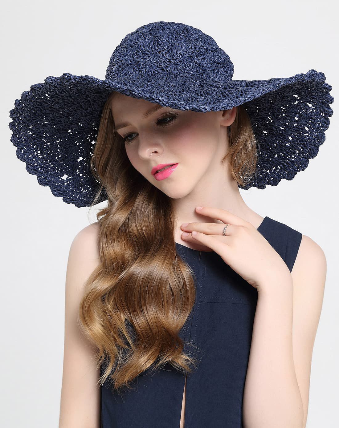 lingo code 藏蓝色编制镂空花边大檐帽