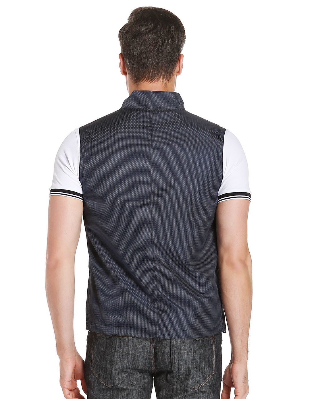 藏蓝色休闲细格纹马甲