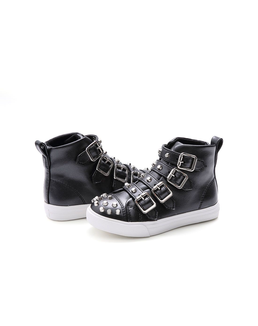 彩色斑马女童黑色超纤高帮搭扣鞋