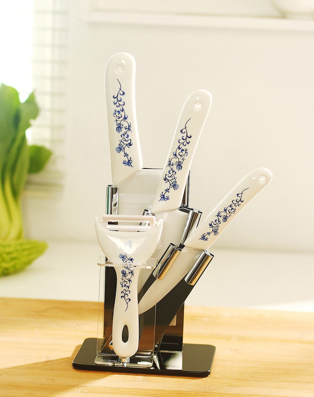 友纳 高档陶瓷刀4件套 带刀架 青花瓷