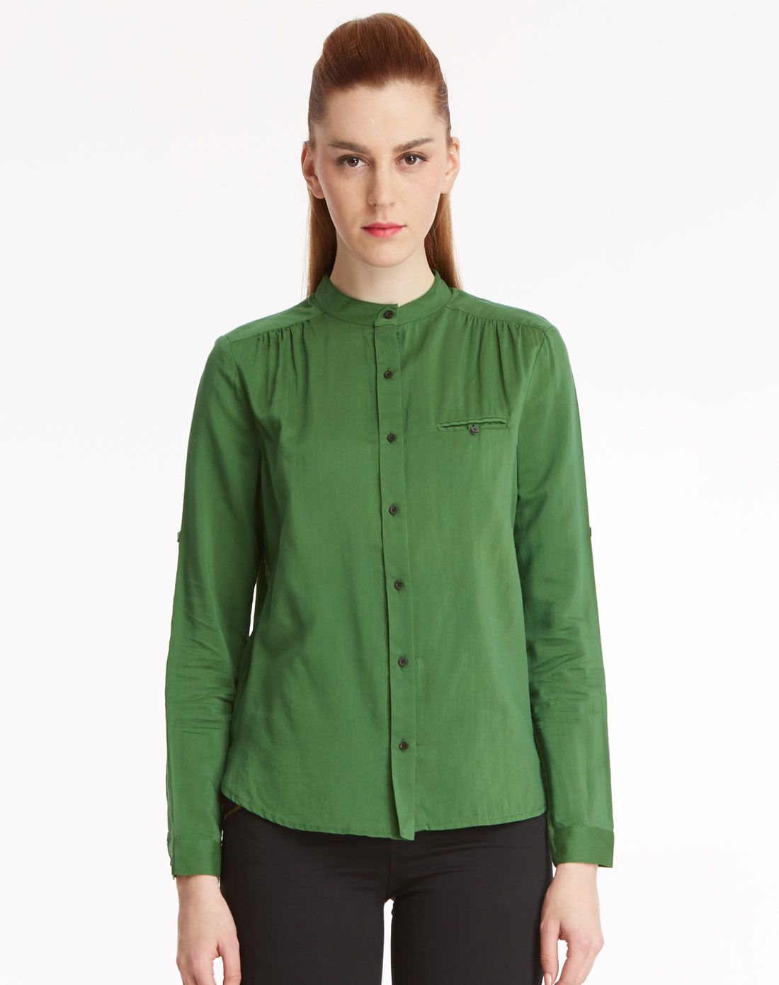 橄榄绿欧美百搭简约立领雪纺衬衫
