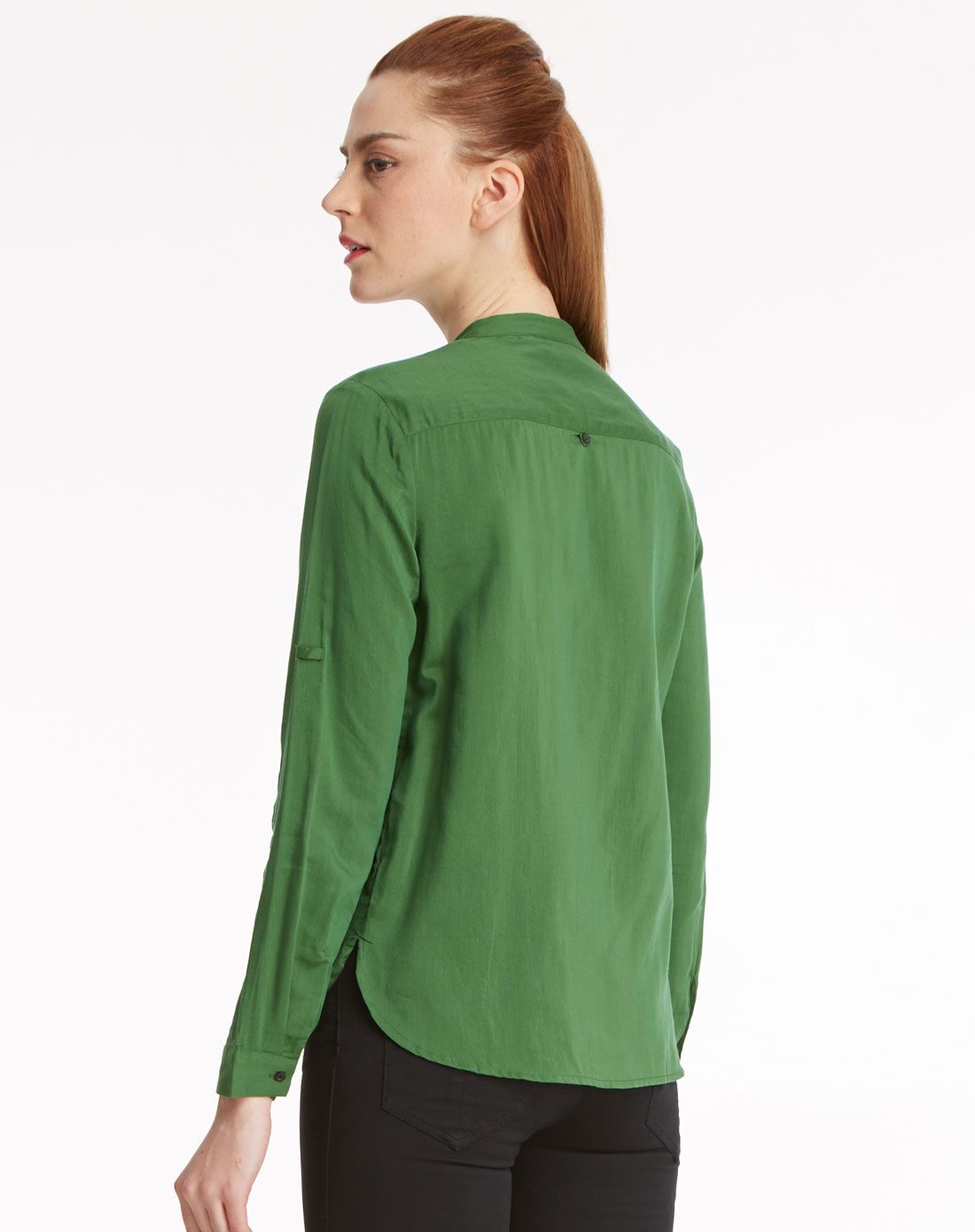 橄榄绿欧美百搭简约立领雪纺衬衫