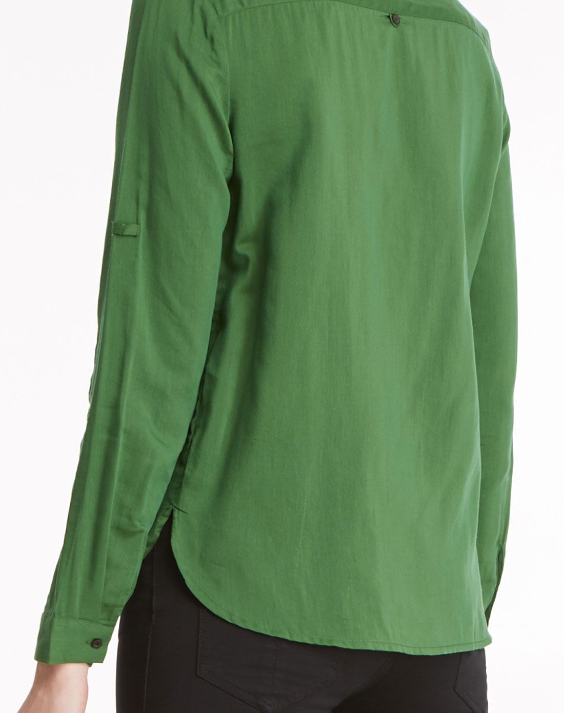 橄榄绿欧美百搭简约立领雪纺衬衫