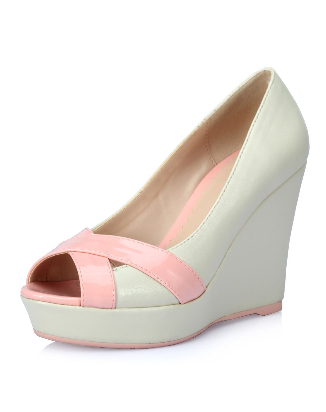 粉色ol风拼接舒适鱼嘴坡跟单鞋