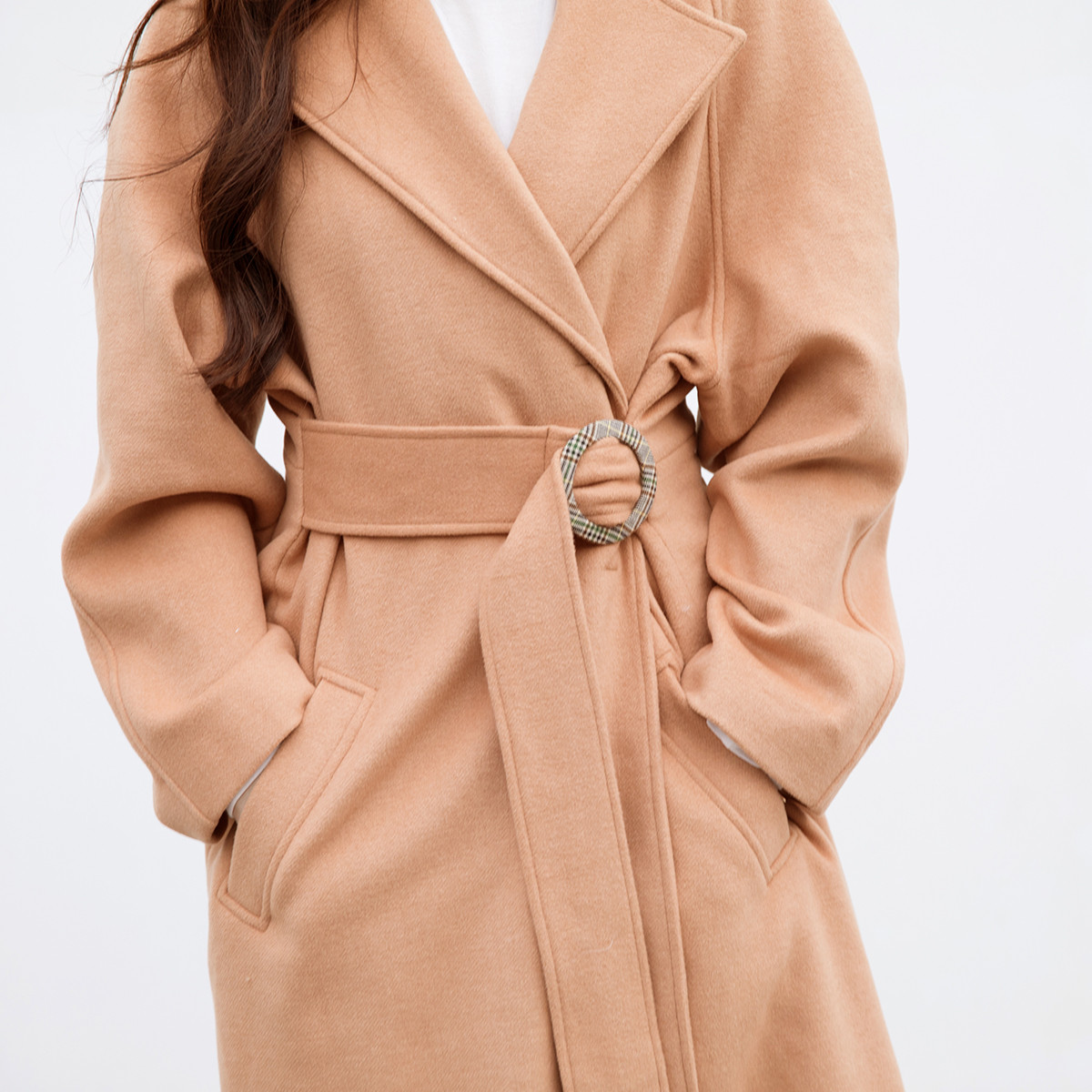 gonim2018冬季新款束腰时尚纯色浅杏色羊毛女式大衣女款外套女士中长