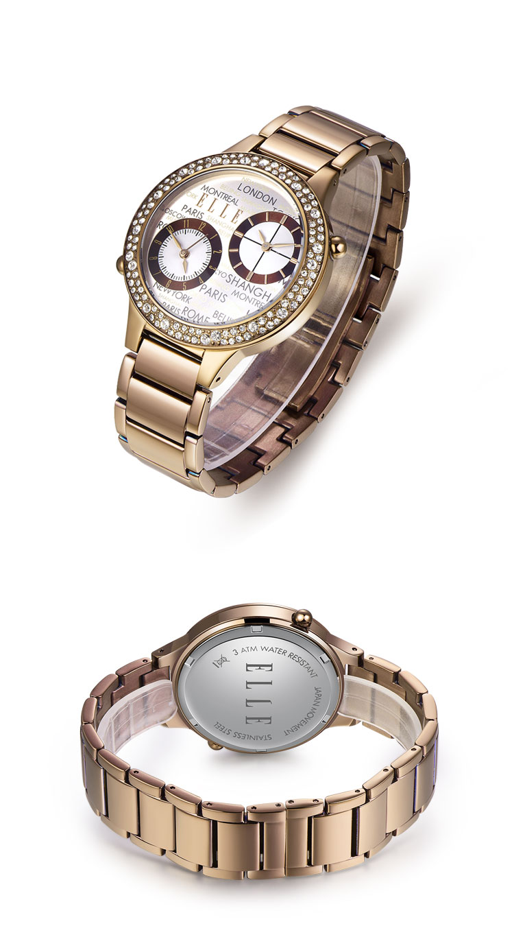 elle jetlag复古镶钻双表盘不锈钢女士石英手表