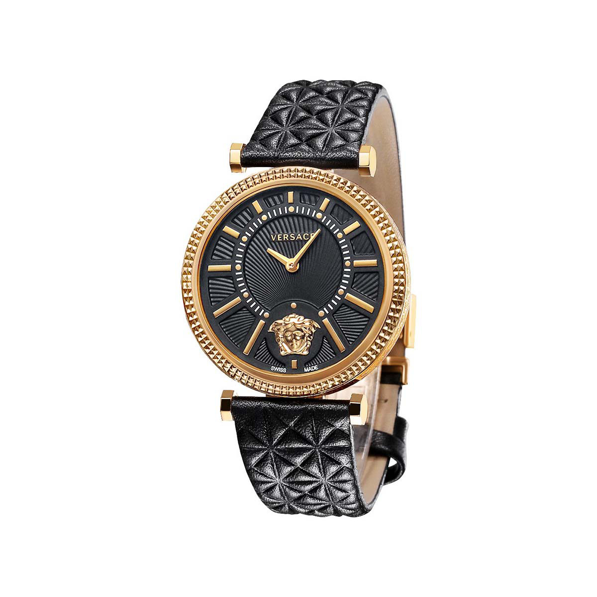 > versace女表 美杜莎浮雕尊贵黑金边表盘真皮表带石英手表腕表