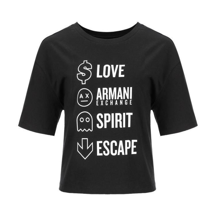 Armani Exchange 女士纯棉宽松弹力舒适可爱字母圆领短款t恤 In Black