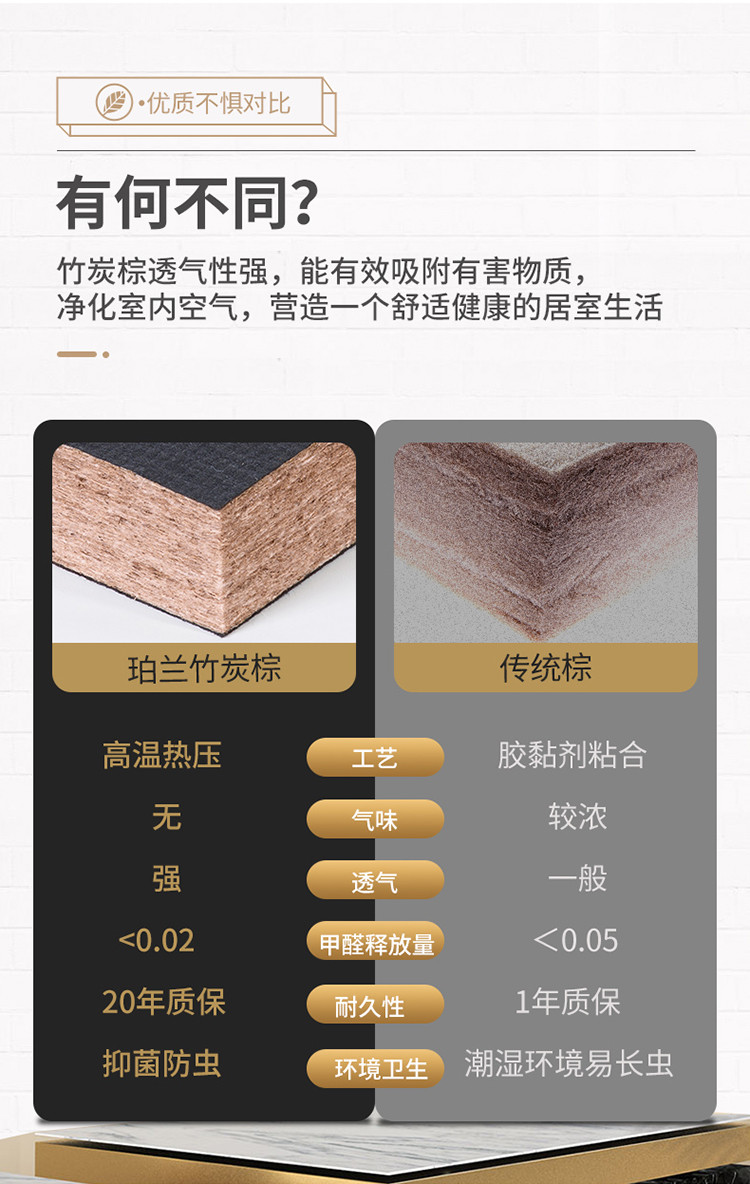 天然环保竹炭棕床垫 1.5米加硬护脊棕垫1.8米椰棕乳胶床垫