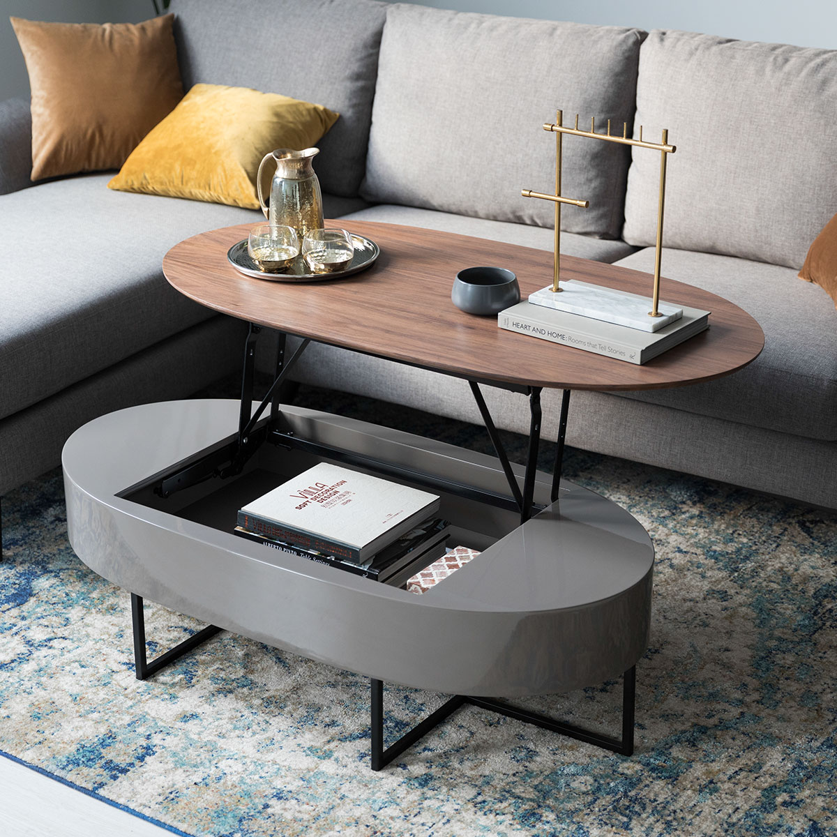 北欧简约朱利安亮光胡桃木饰面客厅多功能茶几椭圆形