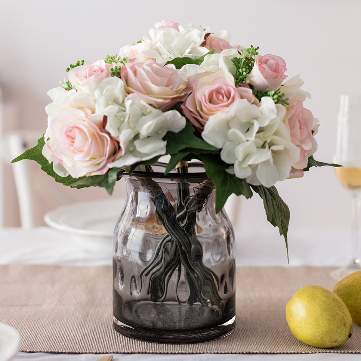 仿真花艺绢花假花室内装饰插花 唯美玫瑰花绣球花扎束