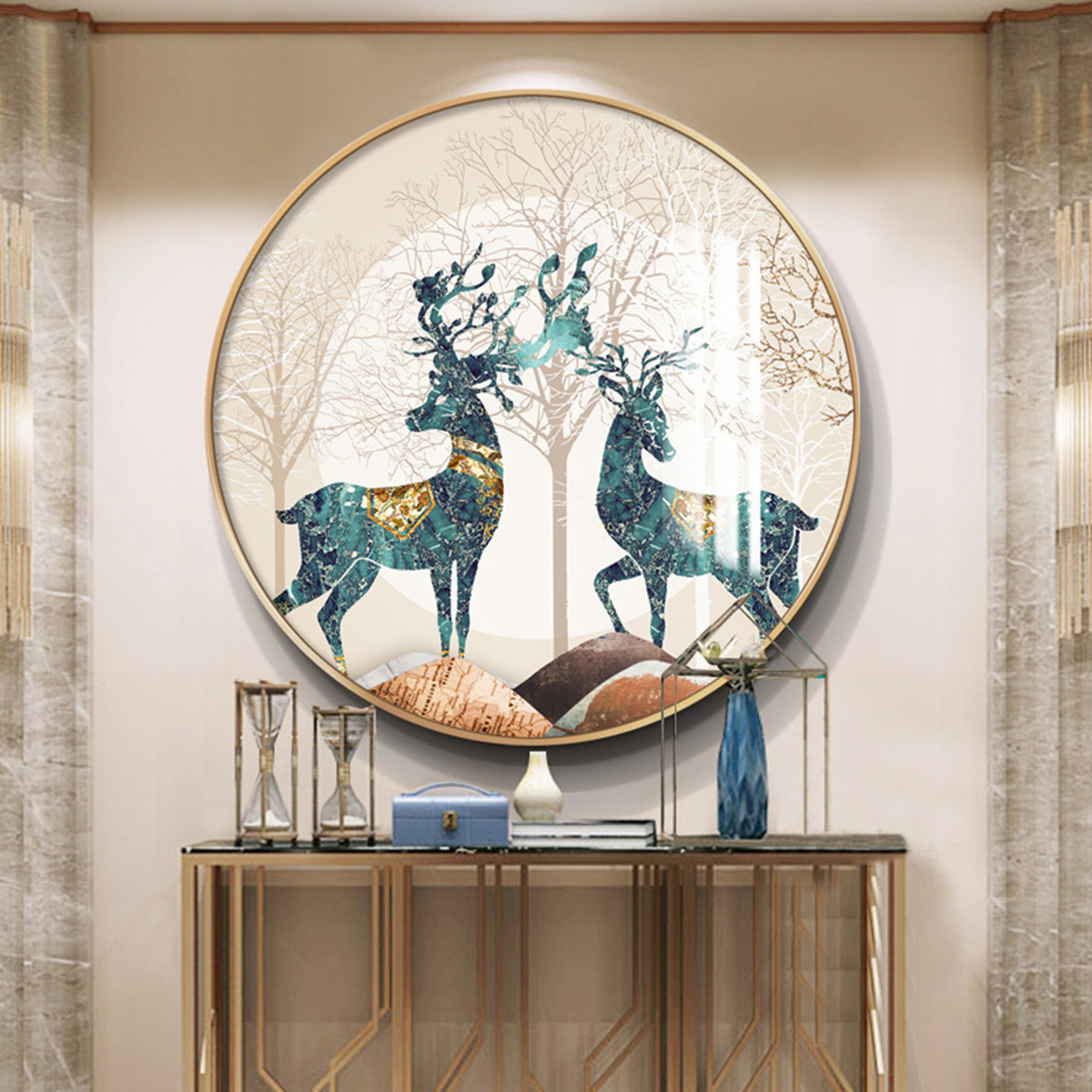 现代轻奢招财发财鹿玄关装饰画圆形挂画北欧抽象餐厅装饰客厅壁画