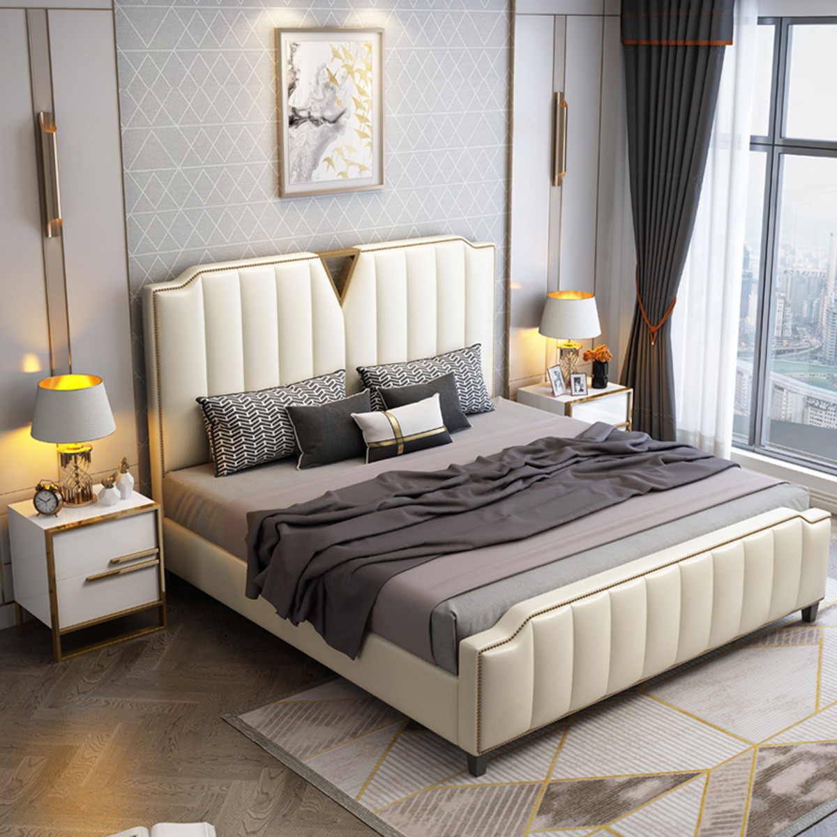 简约轻奢ins网红床港式主卧皮床美式金属元素双人床婚床1.8酒店床