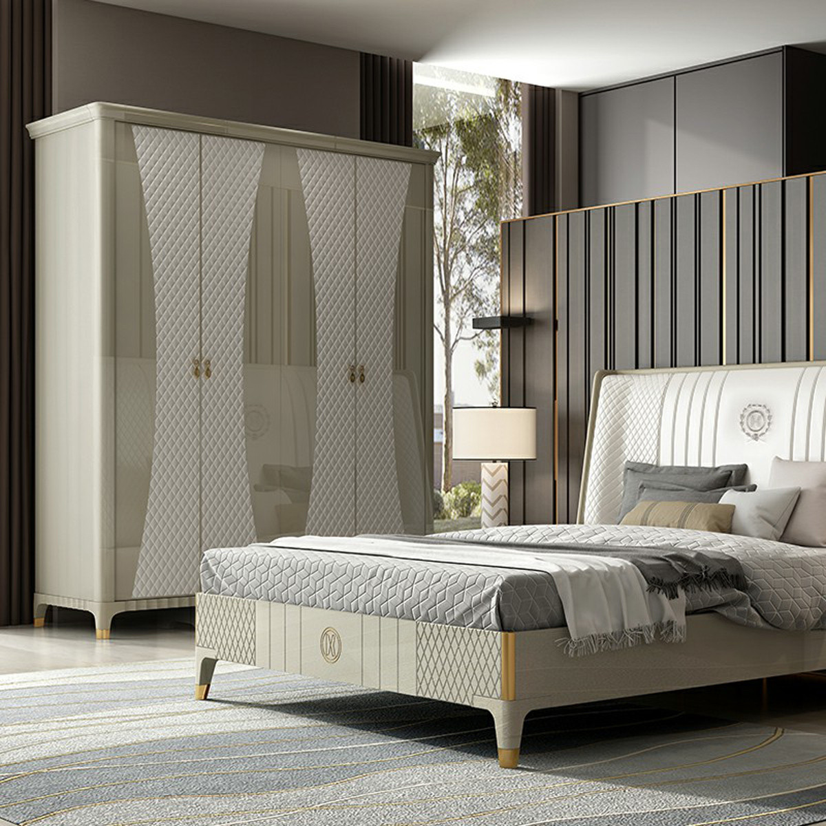 原创后现代轻奢衣柜四门皮质衣橱高端家具卧室家具衣柜大户型简约